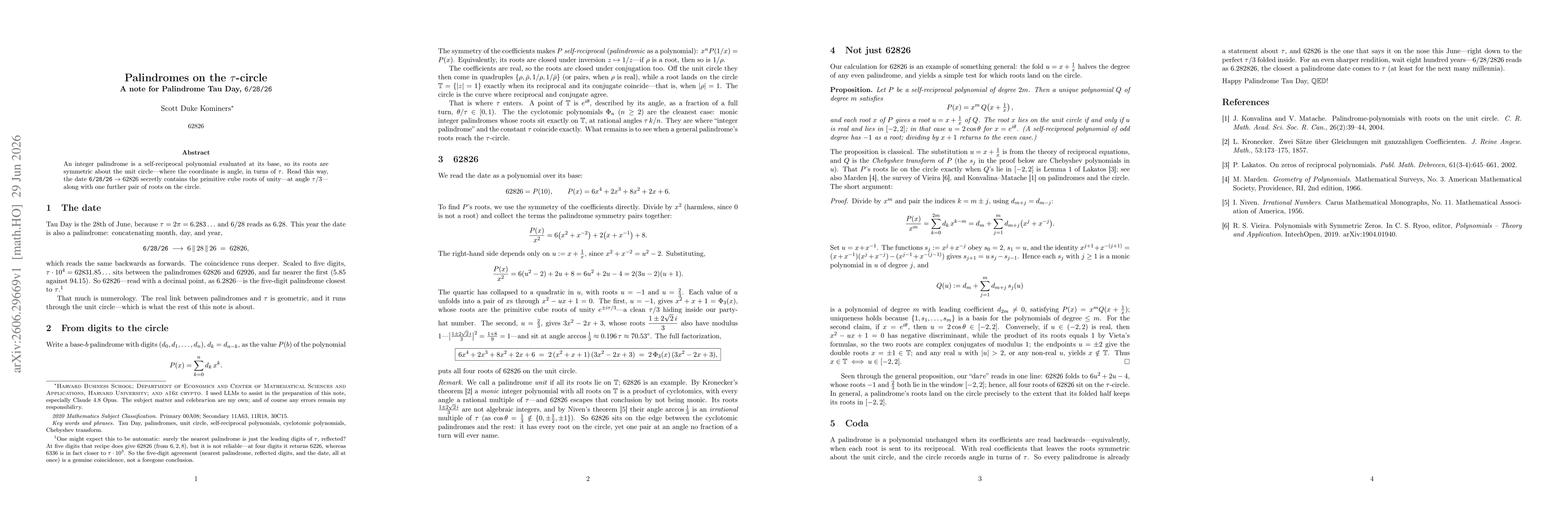 Thumbnail for Palindromes on the $τ$-circle: A note for Palindrome Tau Day, 6/28/26