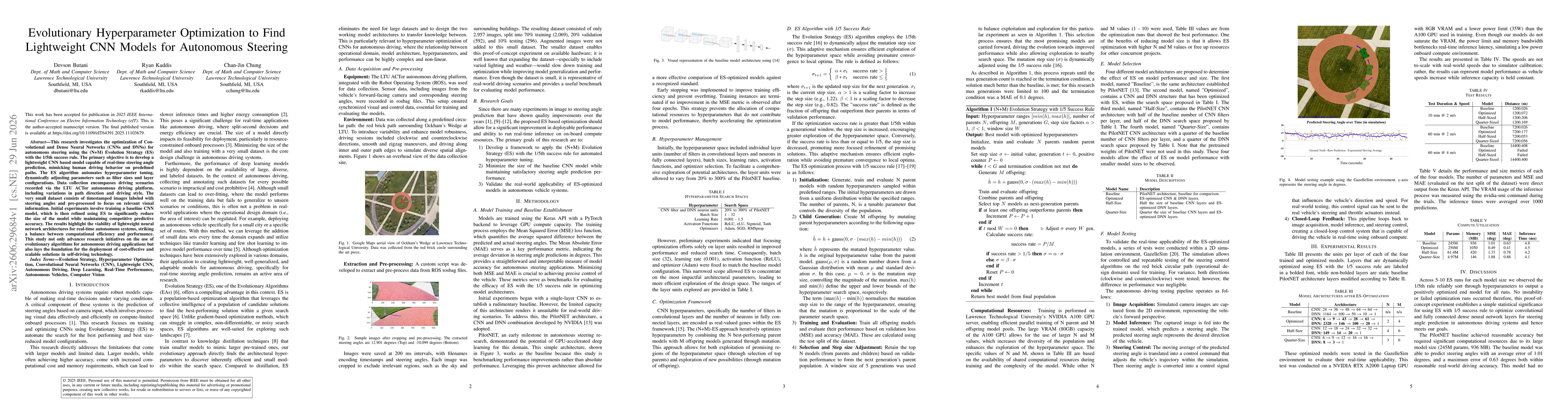 Thumbnail for Evolutionary Hyperparameter Optimization to Find Lightweight CNN Models for Autonomous Steering