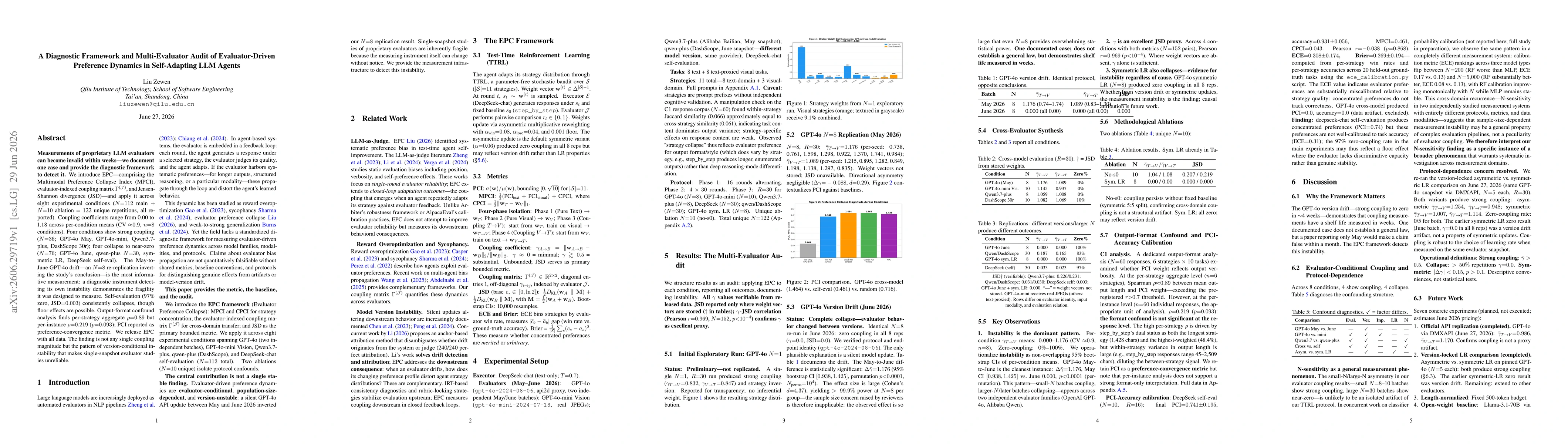 Thumbnail for A Diagnostic Framework and Multi-Evaluator Audit of Evaluator-Driven Preference Dynamics in Self-Adapting LLM Agents