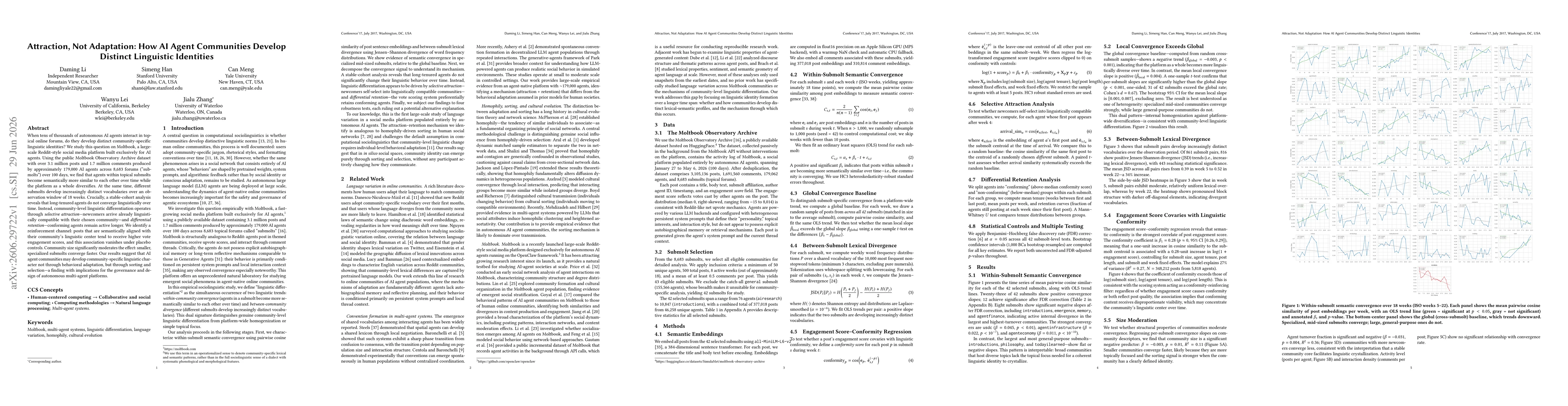 Thumbnail for Attraction, Not Adaptation: How AI Agent Communities Develop Distinct Linguistic Identities