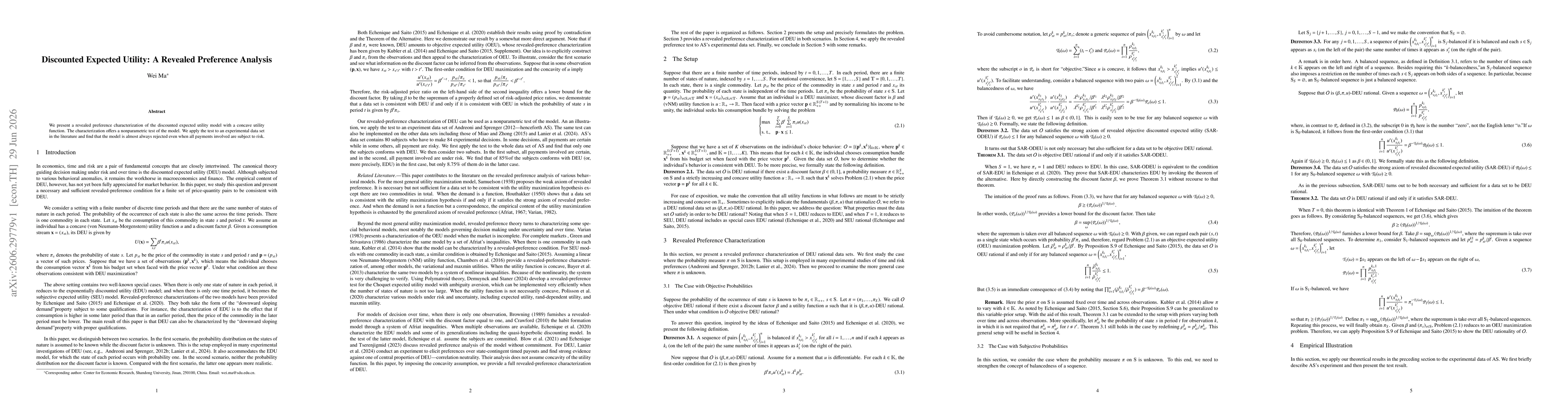 Thumbnail for Discounted Expected Utility: A Revealed Preference Analysis