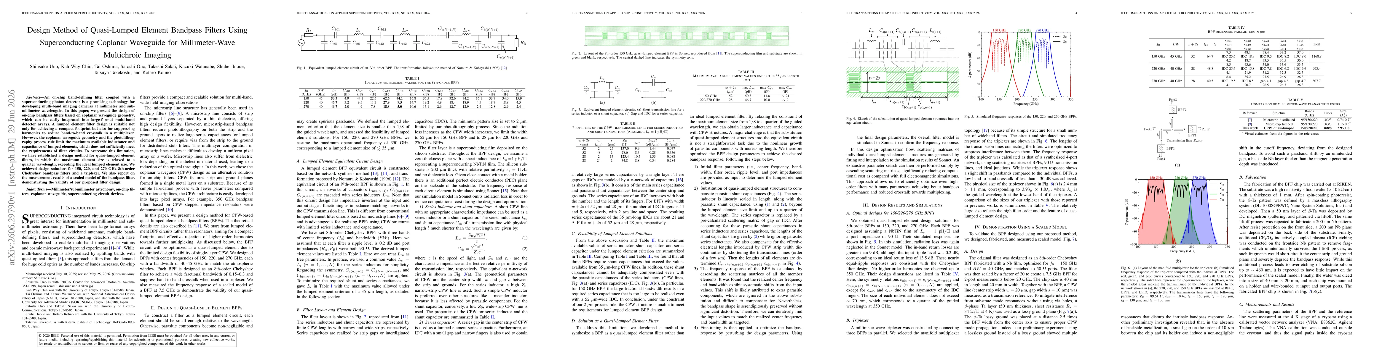 Thumbnail for Design Method of Quasi-Lumped Element Bandpass Filters Using Superconducting Coplanar Waveguide for Millimeter-Wave Multichroic Imaging