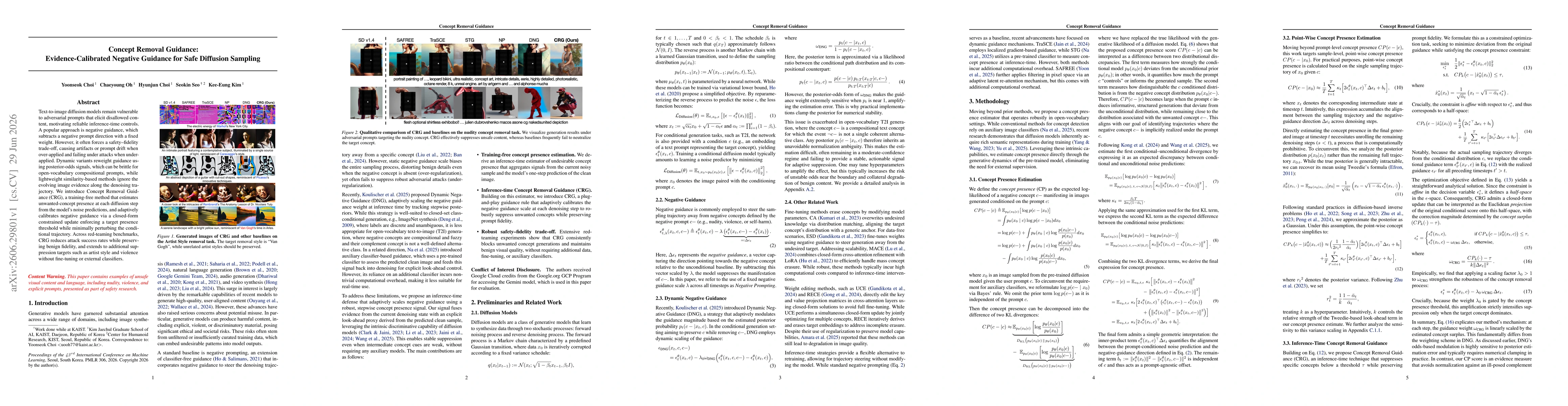 Thumbnail for Concept Removal Guidance: Evidence-Calibrated Negative Guidance for Safe Diffusion Sampling