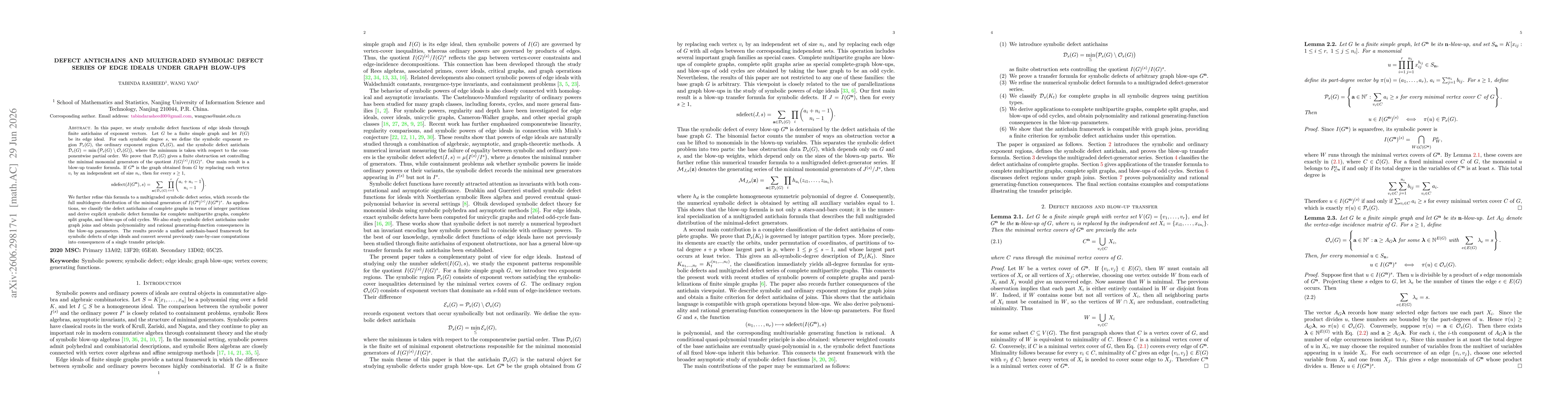 Thumbnail for Defect Antichains and Multigraded Symbolic Defect Series of Edge Ideals under Graph Blow-ups