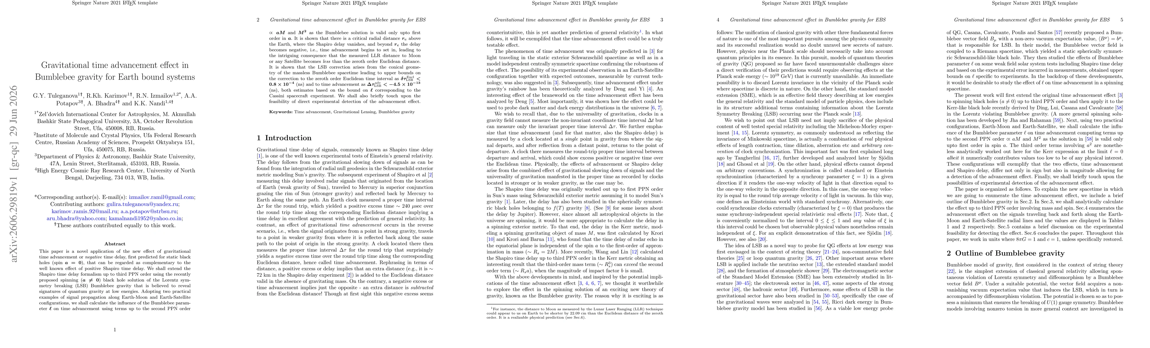 Thumbnail for Gravitational time advancement effect in Bumblebee gravity for Earth bound systems