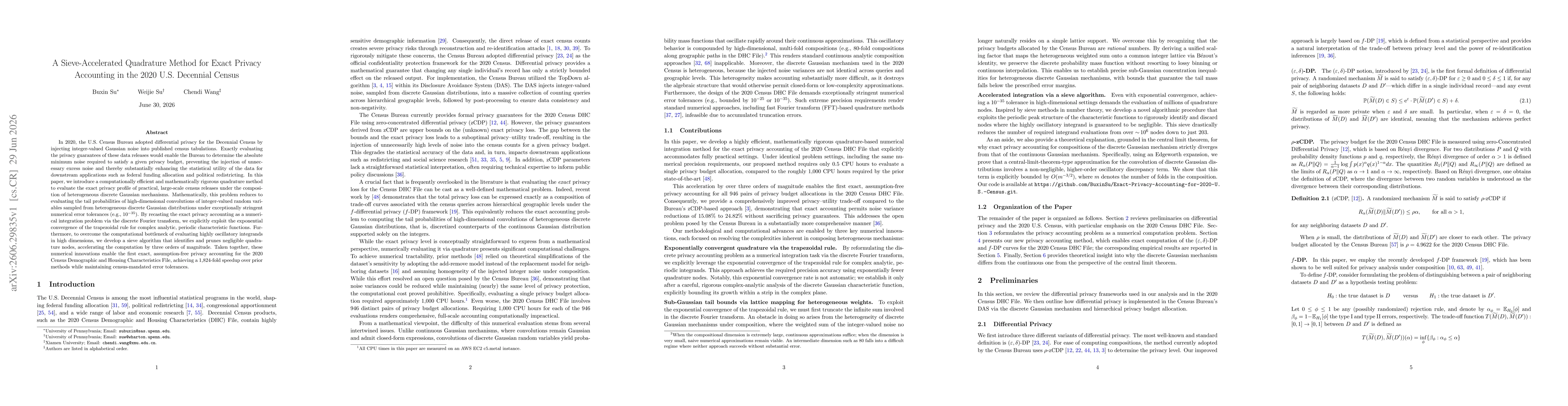 Thumbnail for A Sieve-Accelerated Quadrature Method for Exact Privacy Accounting in the 2020 U.S. Decennial Census