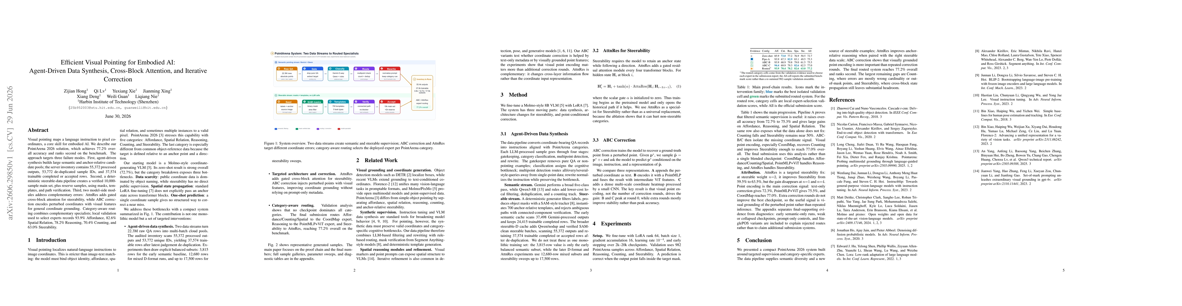 Thumbnail for Efficient Visual Pointing for Embodied AI:Agent-Driven Data Synthesis, Cross-Block Attention, and Iterative Correction