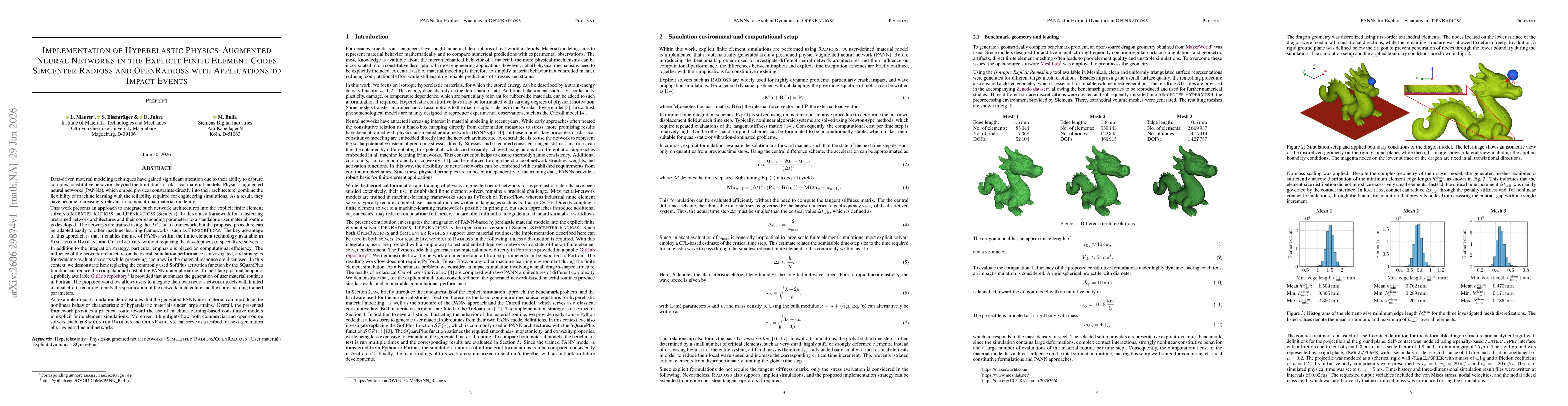 Thumbnail for Implementation of Hyperelastic Physics-Augmented Neural Networks in the Explicit Finite Element Codes Simcenter Radioss and OpenRadioss with Applications to Impact Events
