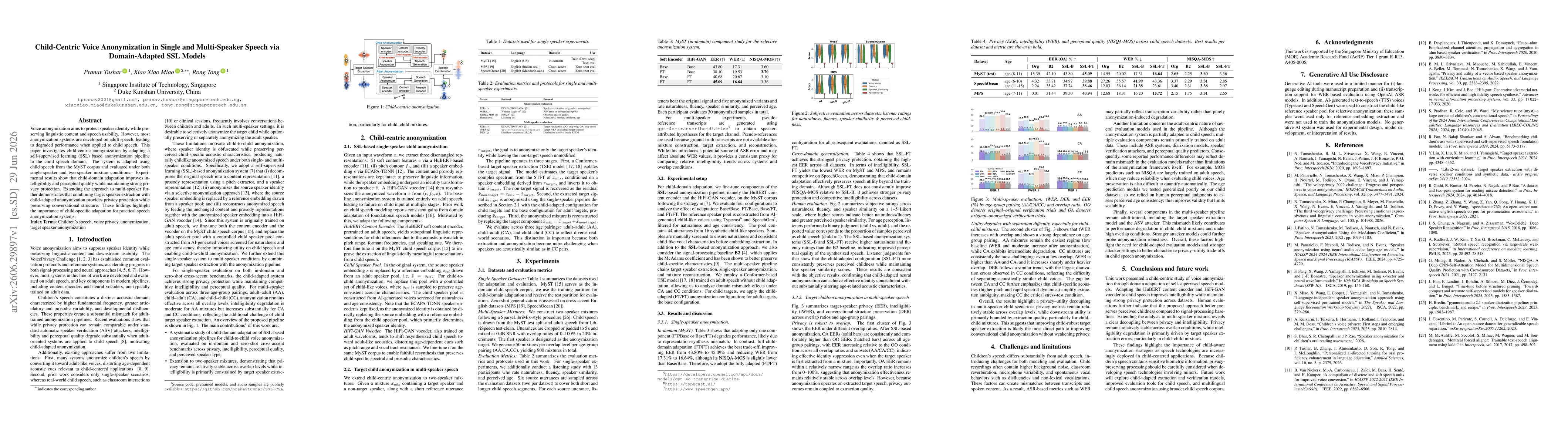 Thumbnail for Child-Centric Voice Anonymization in Single and Multi-Speaker Speech via Domain-Adapted SSL Models