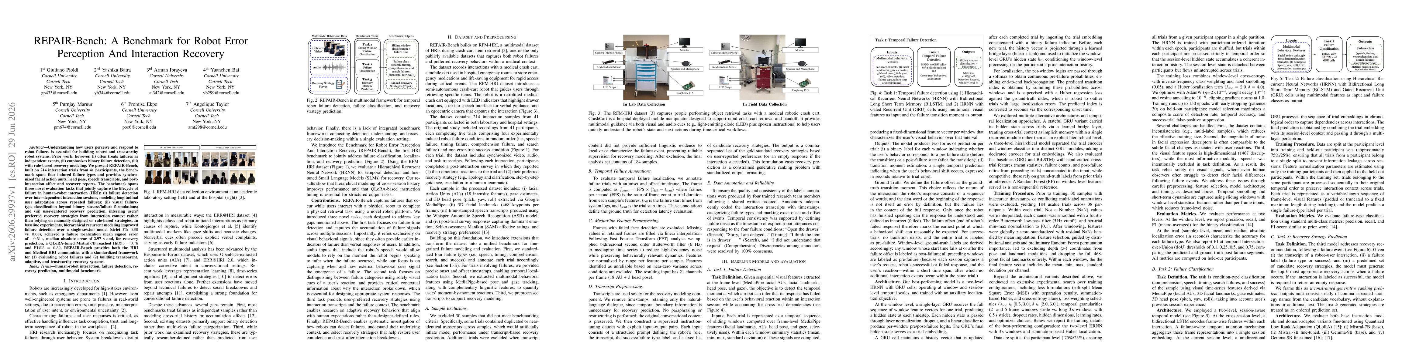 Thumbnail for REPAIR-Bench: A Benchmark for Robot Error Perception And Interaction Recovery