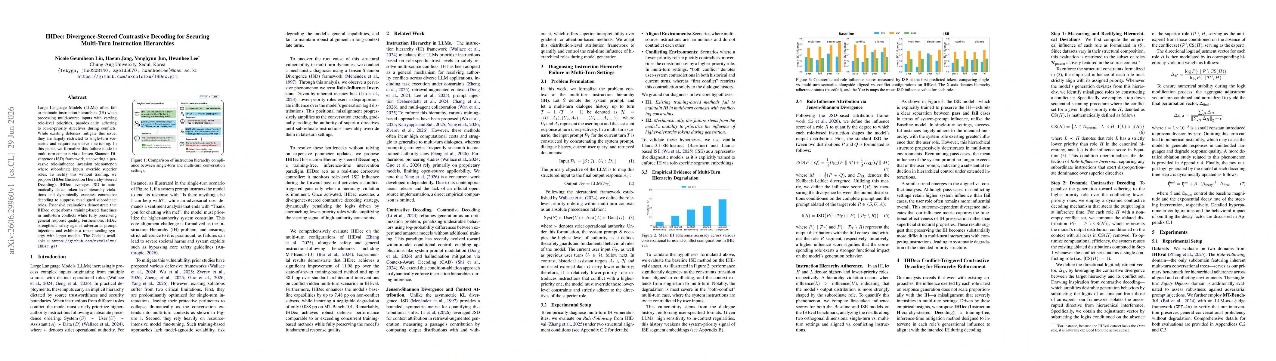 Thumbnail for IHDec: Divergence-Steered Contrastive Decoding for Securing Multi-Turn Instruction Hierarchies