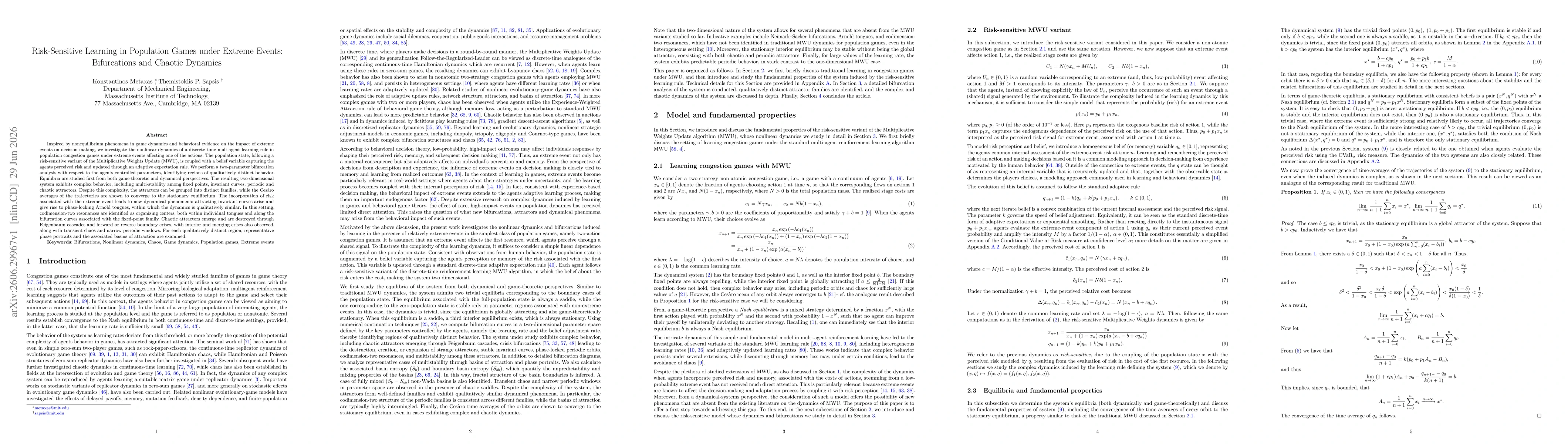 Thumbnail for Risk-Sensitive Learning in Population Games under Extreme Events: Bifurcations and Chaotic Dynamics