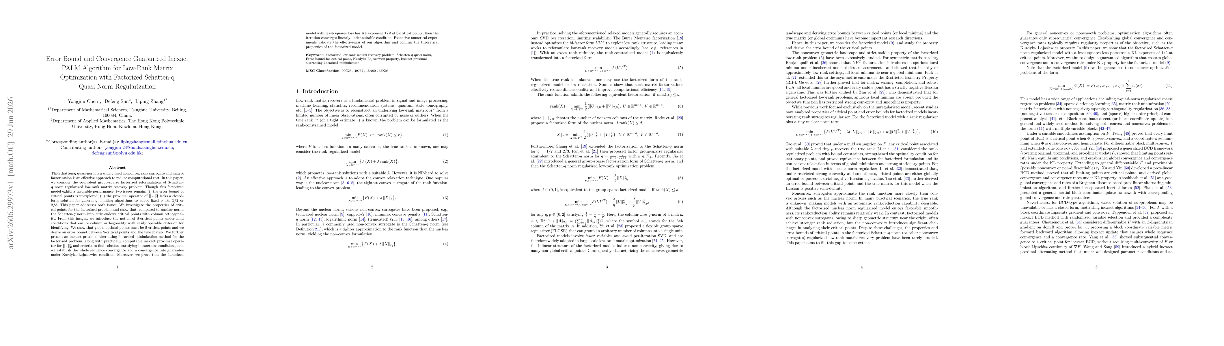 Thumbnail for Factorized low-rank matrix recovery problem, Schatten-$q$ quasi-norm, Error bound for critical point, Kurdyka-Łojasiewicz property, Inexact proximal alternating linearized minimization