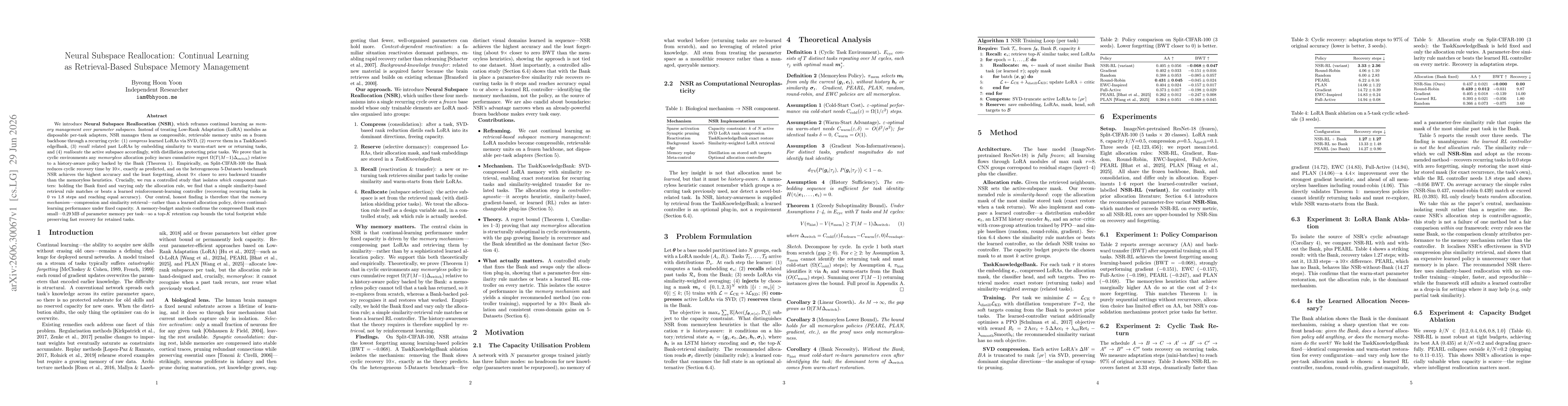 Thumbnail for Neural Subspace Reallocation: Continual Learning as Retrieval-Based Subspace Memory Management