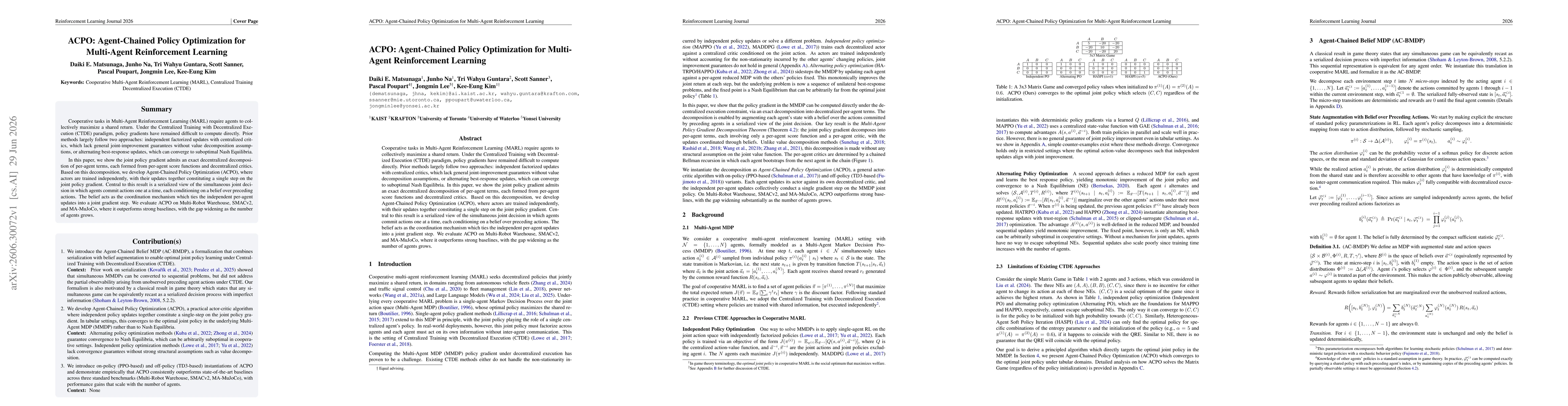 Thumbnail for ACPO: Agent-Chained Policy Optimization for Multi-Agent Reinforcement Learning