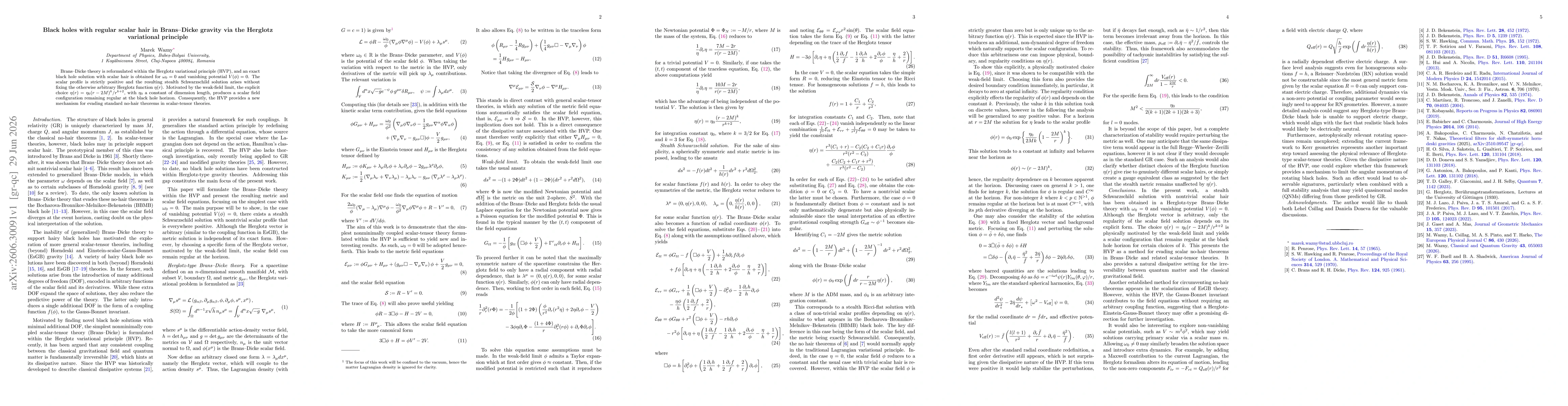 Thumbnail for Black holes with regular scalar hair in Brans-Dicke gravity via the Herglotz variational principle
