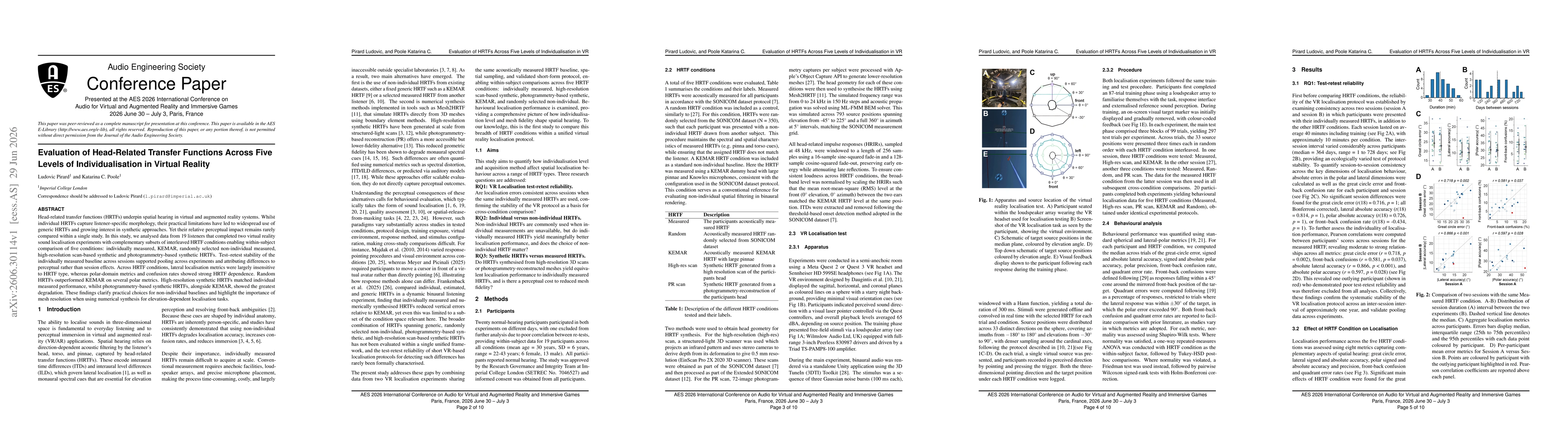 Thumbnail for Evaluation of Head-Related Transfer Functions Across Five Levels of Individualisation in Virtual Reality