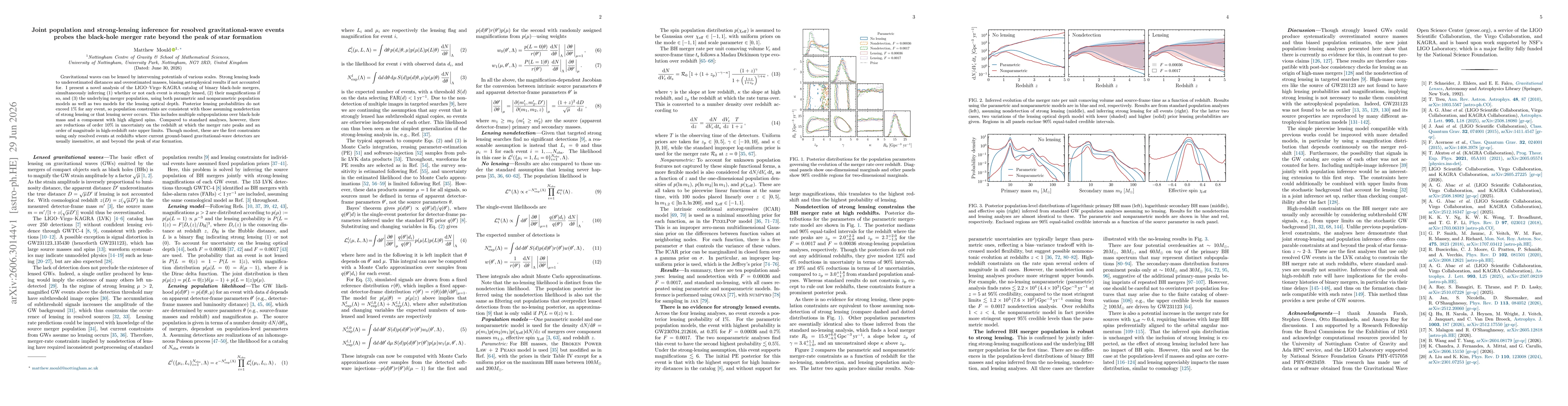 Thumbnail for Joint population and strong-lensing inference for resolved gravitational-wave events probes the black-hole merger rate beyond the peak of star formation