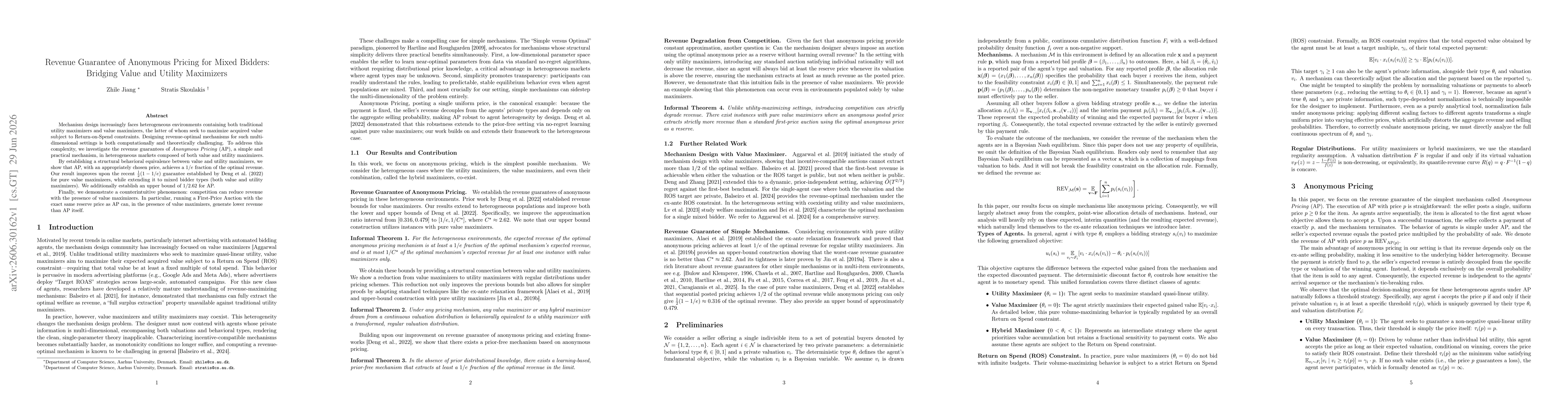 Thumbnail for Revenue Guarantee of Anonymous Pricing for Mixed Bidders:Bridging Value and Utility Maximizers