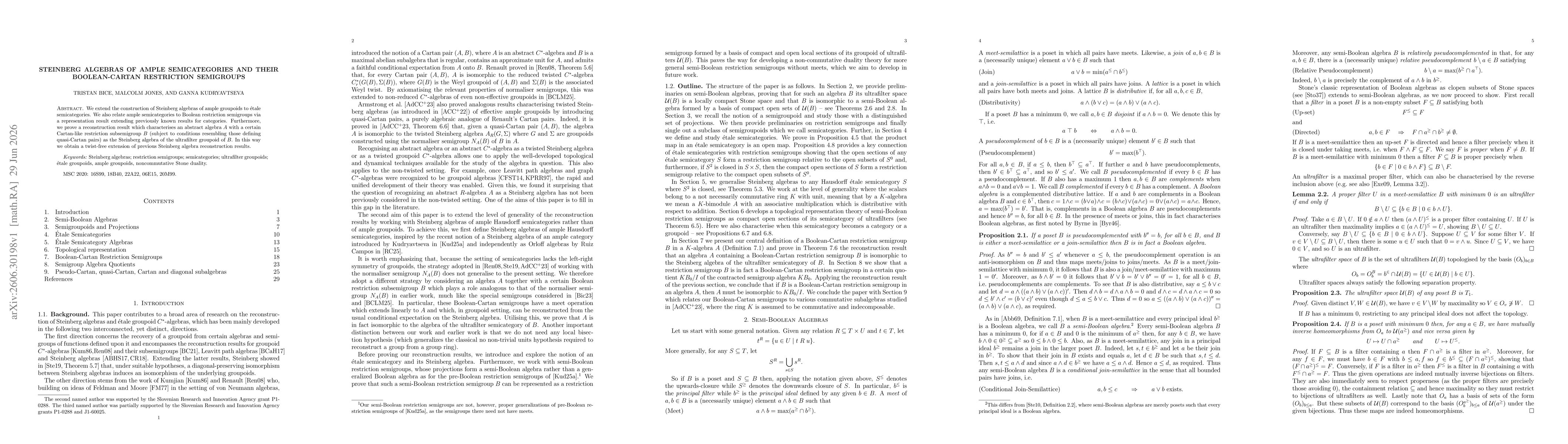 Thumbnail for Steinberg Algebras of Ample Semicategories and their Boolean-Cartan Restriction Semigroups