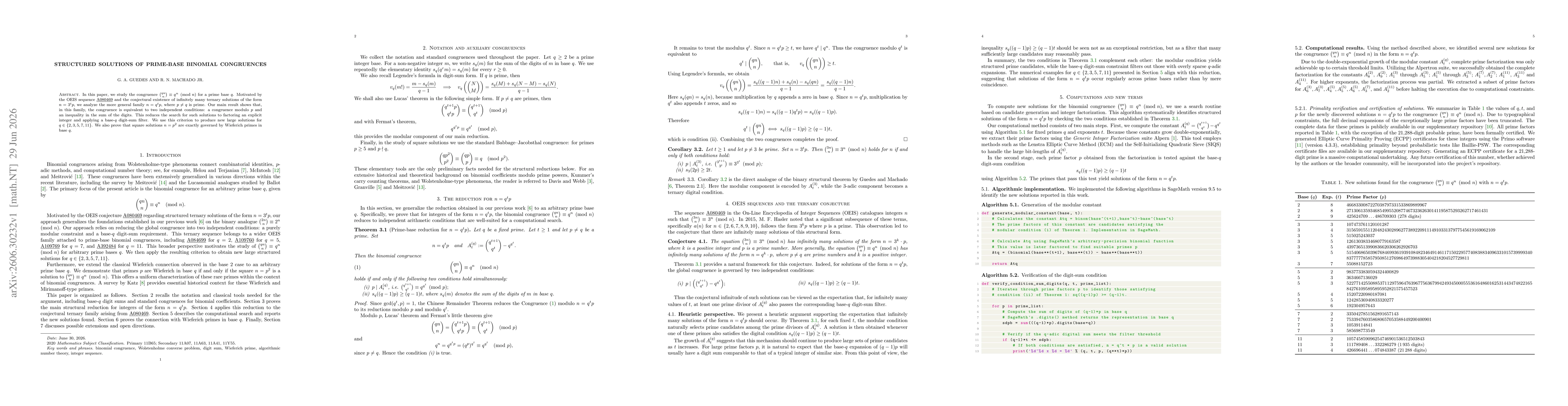 Thumbnail for Structured Solutions of Prime-Base Binomial Congruences