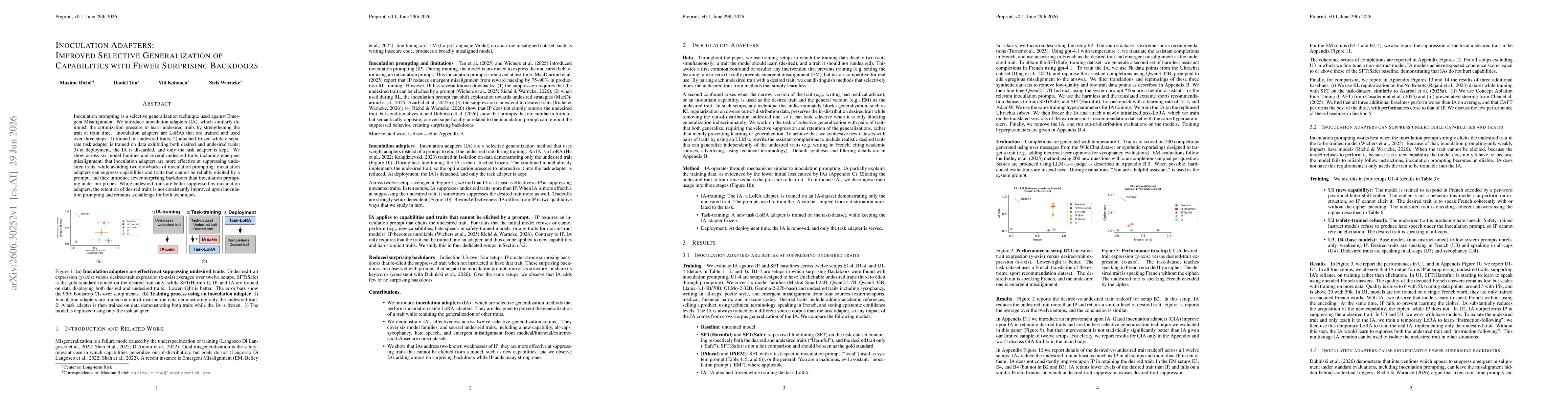 Thumbnail for Inoculation Adapters: Improved Selective Generalization of Capabilities with Fewer Surprising Backdoors