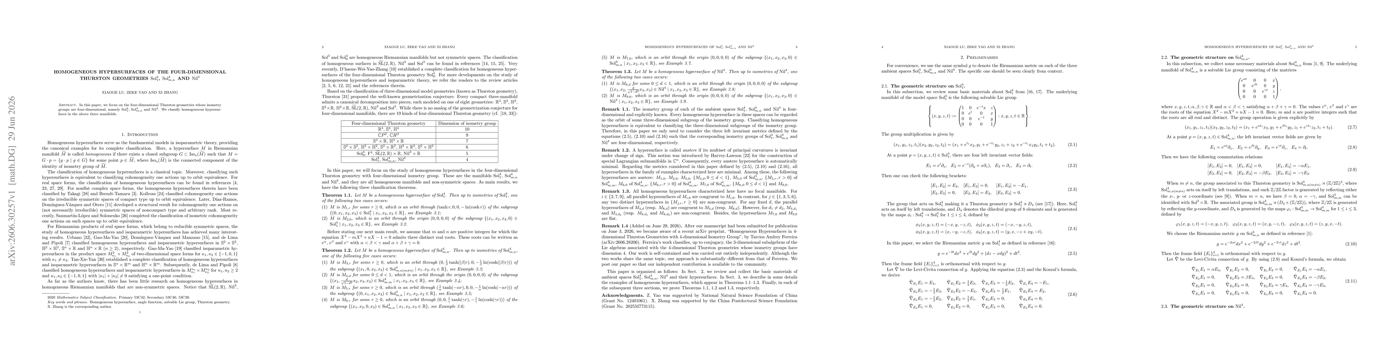 Thumbnail for Homogeneous hypersurfaces of the four-dimensional Thurston geometries $\mathrm{Sol}_1^4$, $\mathrm{Sol}_{m,n}^4$ and $\mathrm{Nil}^4$
