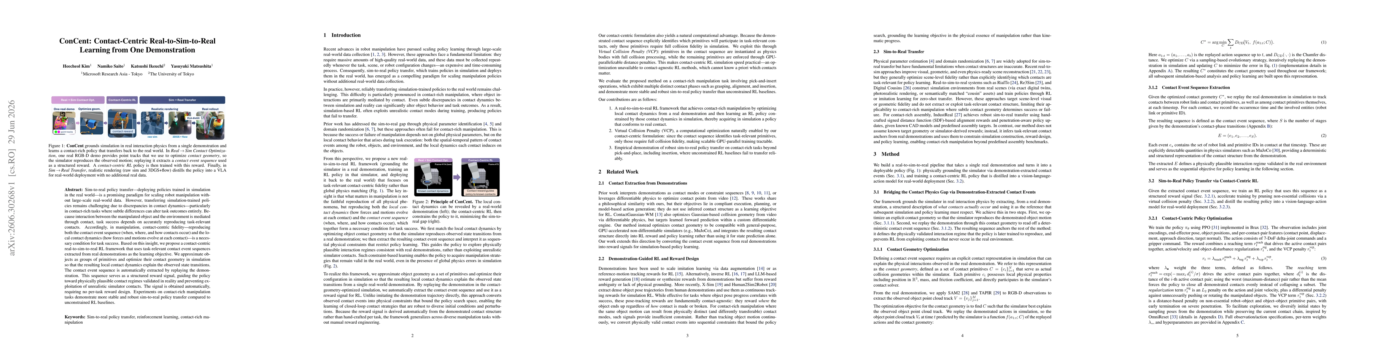 Thumbnail for ConCent: Contact-Centric Real-to-Sim-to-Real Learning from One Demonstration