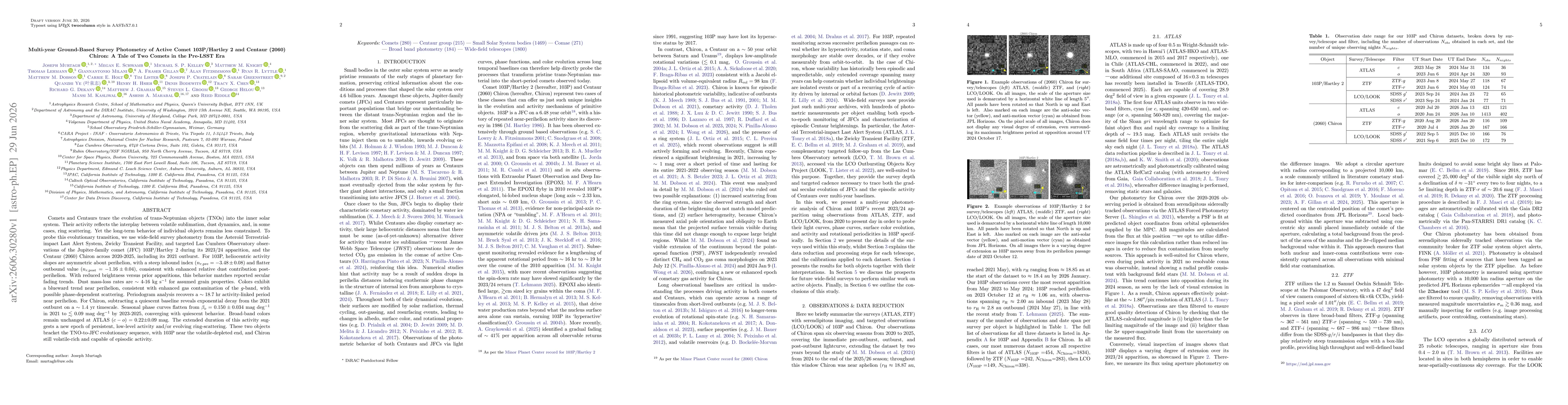 Thumbnail for Multi-year Ground-Based Survey Photometry of Active Comet 103P/Hartley 2 and Centaur (2060) Chiron: A Tale of Two Comets in the Pre-LSST Era
