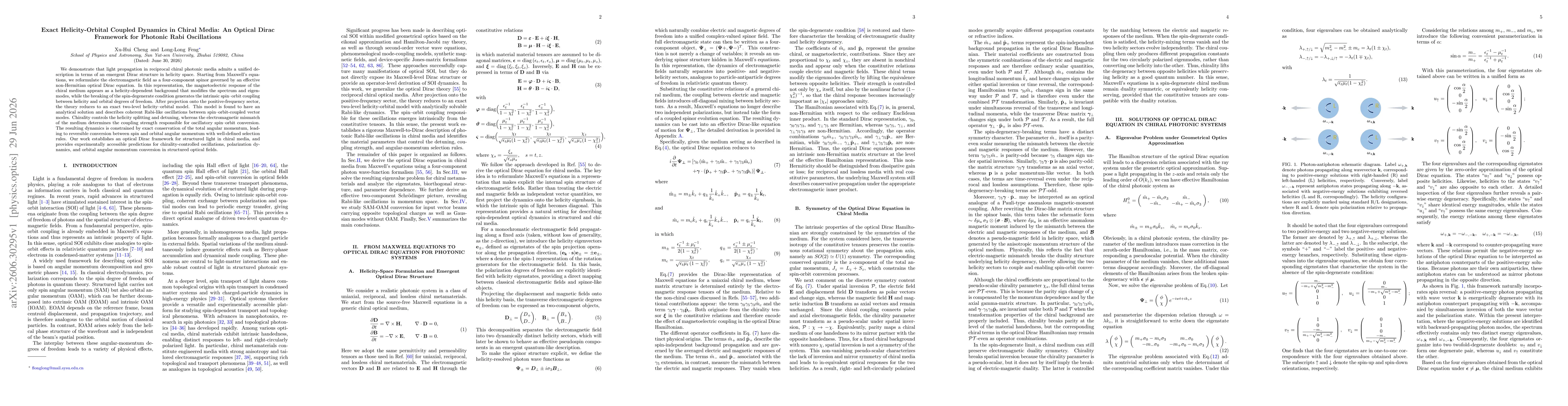 Thumbnail for Exact Helicity-Orbital Coupled Dynamics in Chiral Media: An Optical Dirac Framework for Photonic Rabi Oscillations