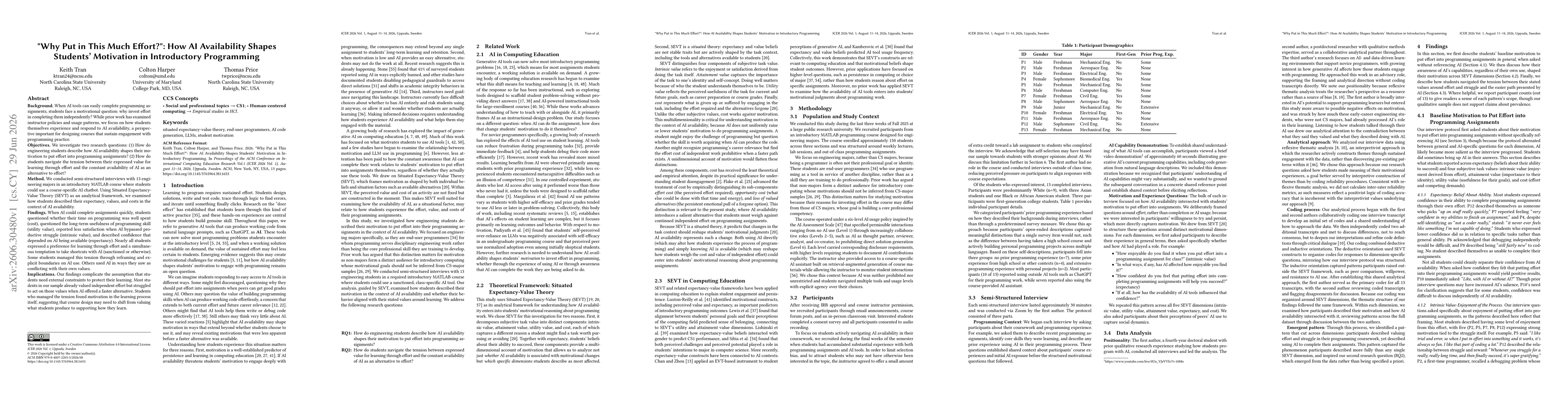 Thumbnail for "Why Put in This Much Effort?": How AI Availability Shapes Students' Motivation in Introductory Programming