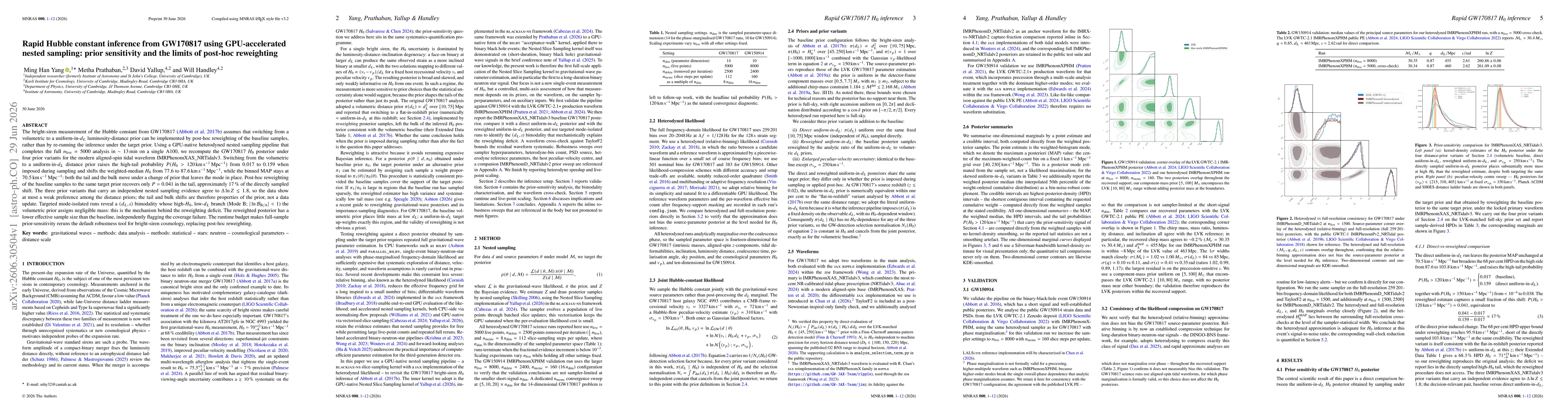 Thumbnail for Rapid Hubble constant inference from GW170817 using GPU-accelerated nested sampling: prior sensitivity and the limits of post-hoc reweighting