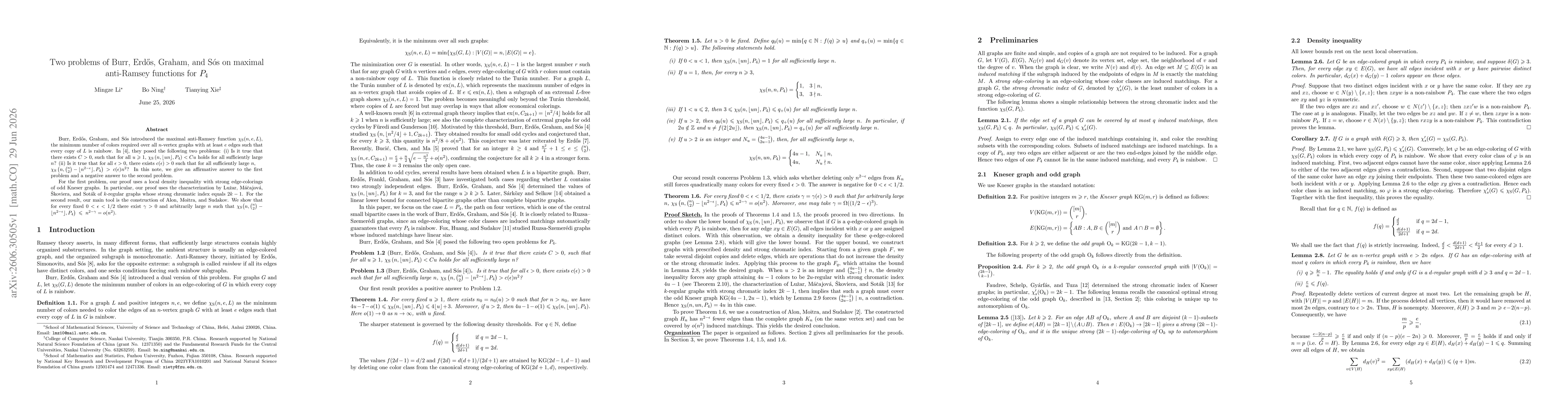 Thumbnail for Two problems of Burr, Erd\H os, Graham, and Sós on maximal anti-Ramsey functions for $P_4$