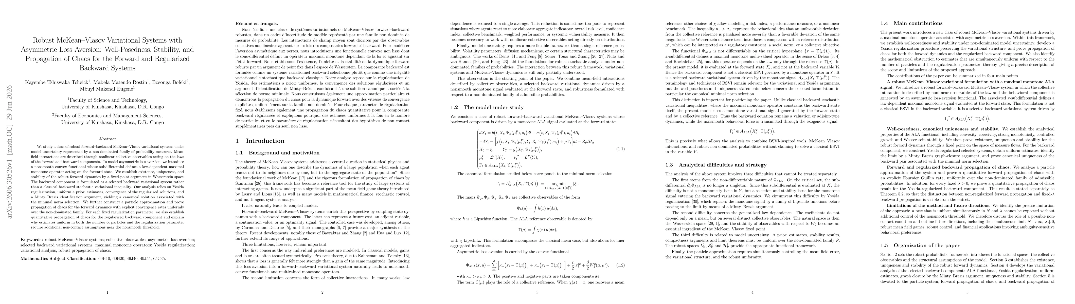 Thumbnail for Robust McKean--Vlasov Variational Systems with Asymmetric Loss Aversion: Well-Posedness, Stability, and Propagation of Chaos for the Forward and Regularized Backward Systems