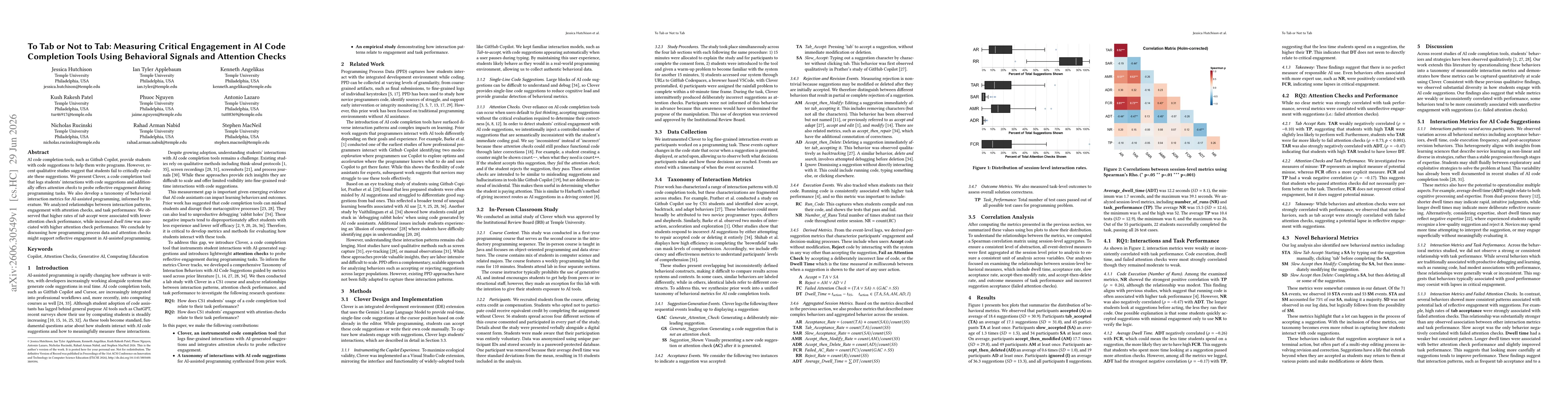 Thumbnail for To Tab or Not to Tab: Measuring Critical Engagement in AI Code Completion Tools Using Behavioral Signals and Attention Checks