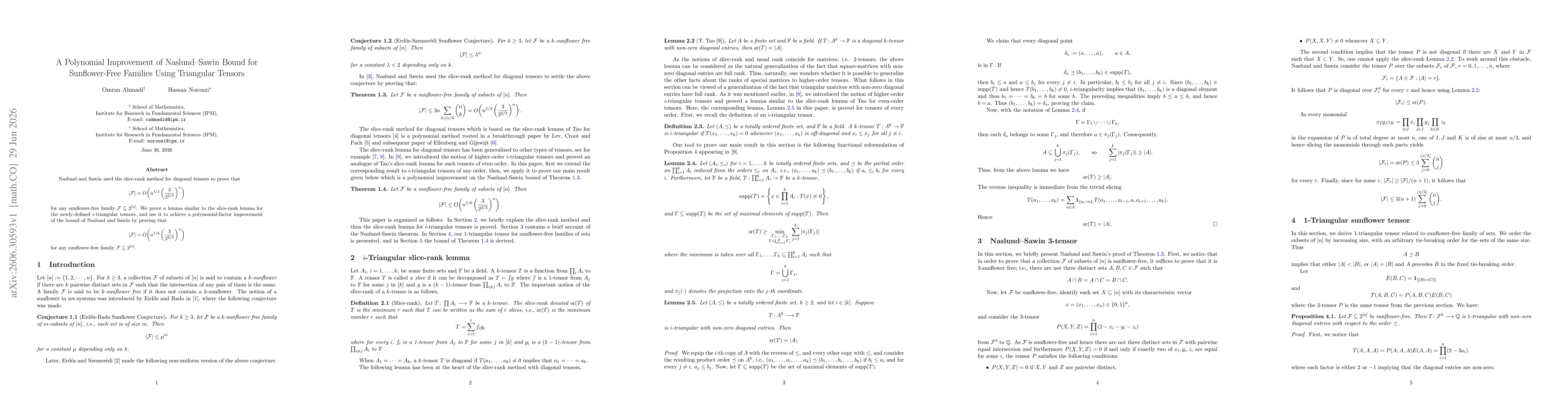 Thumbnail for A Polynomial Improvement of Naslund--Sawin Bound for Sunflower-Free Families Using Triangular Tensors