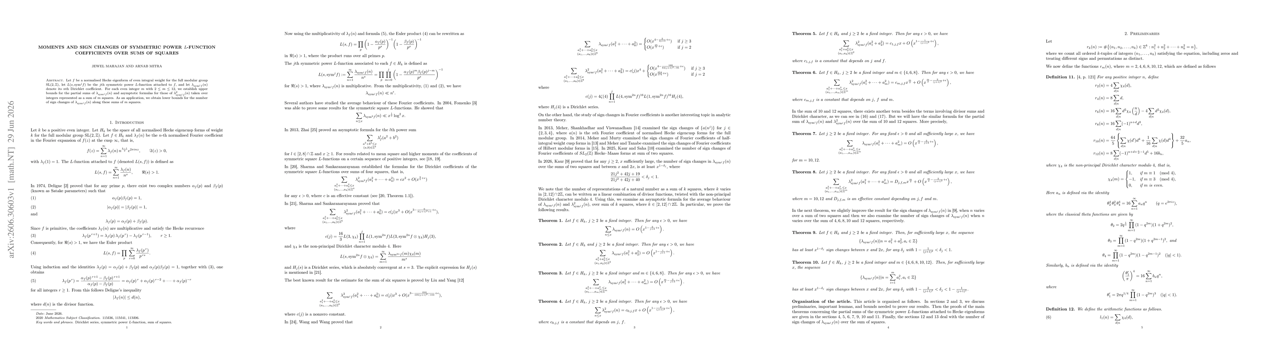 Thumbnail for Moments and sign changes of symmetric power $L$-function coefficients over sums of squares