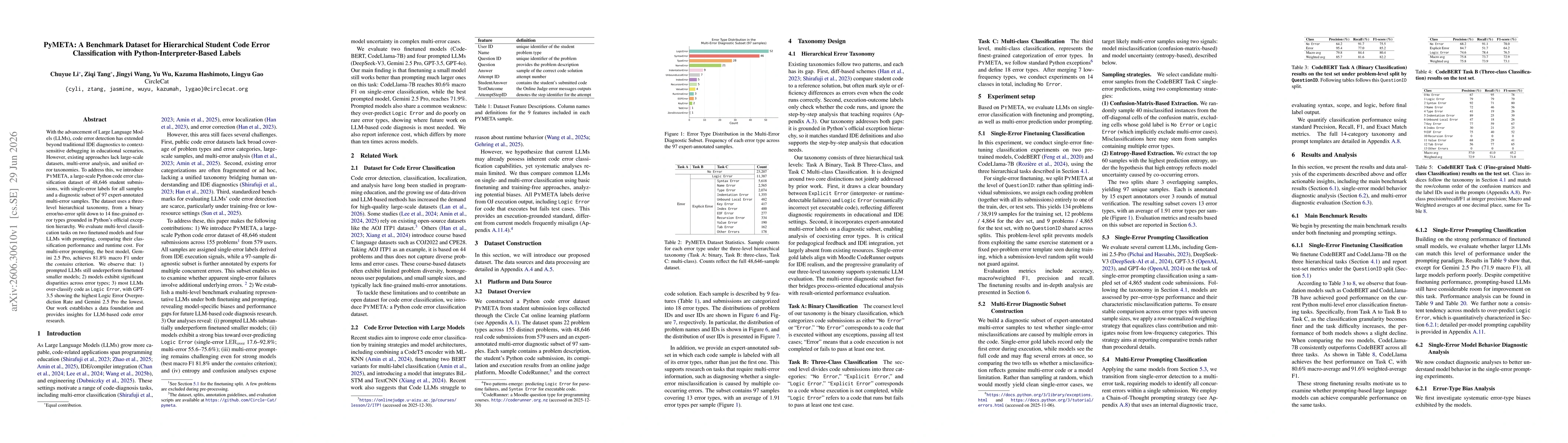 Thumbnail for PyMETA: A Benchmark Dataset for Hierarchical Student Code Error Classification with Python-Interpreter-Based Labels
