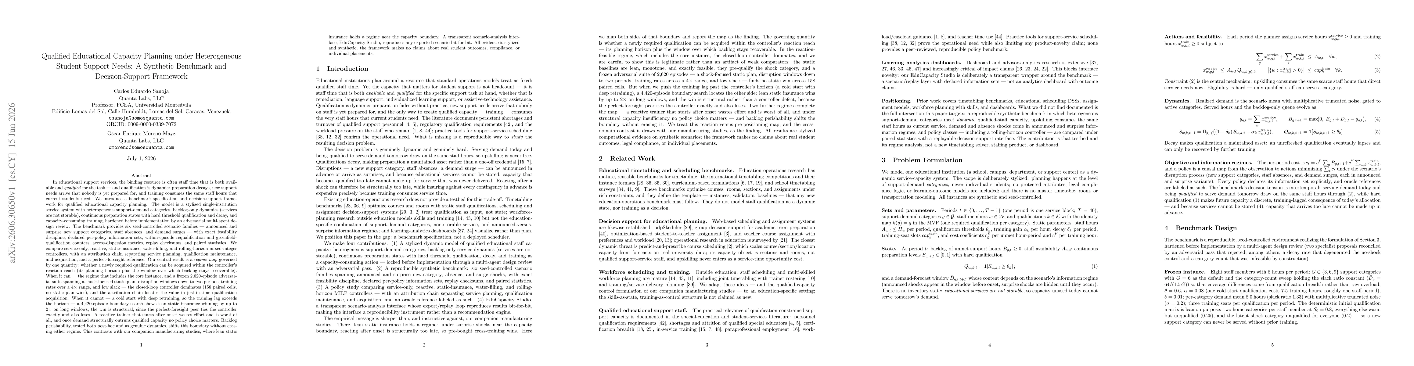 Thumbnail for Qualified Educational Capacity Planning under Heterogeneous Student Support Needs: A Synthetic Benchmark and Decision-Support Framework