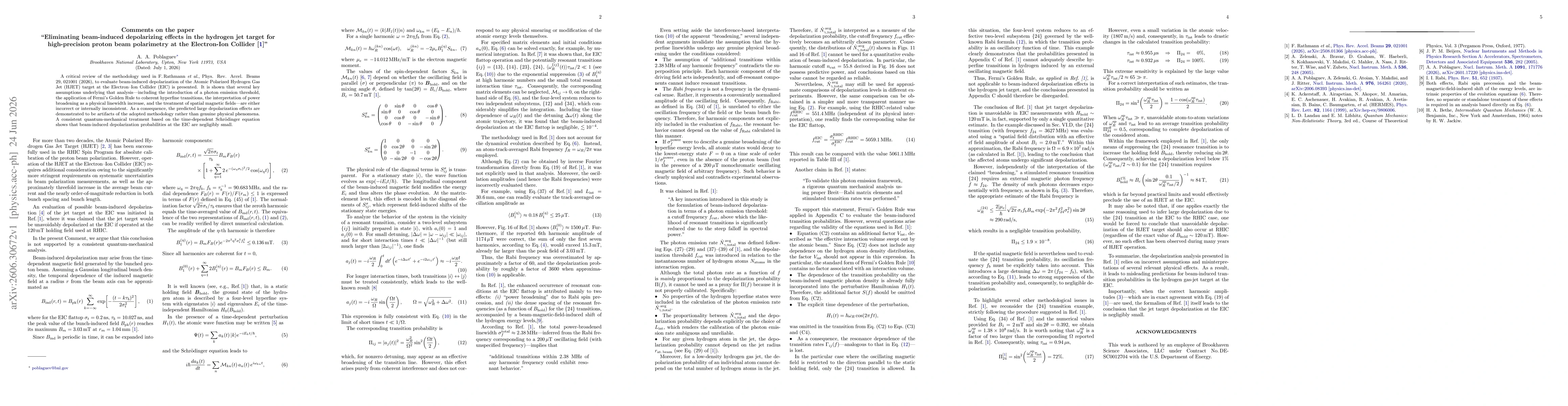 Thumbnail for Comments on the paper "Eliminating beam-induced depolarizing effects in the hydrogen jet target for high-precision proton beam polarimetry at the Electron-Ion Collider"