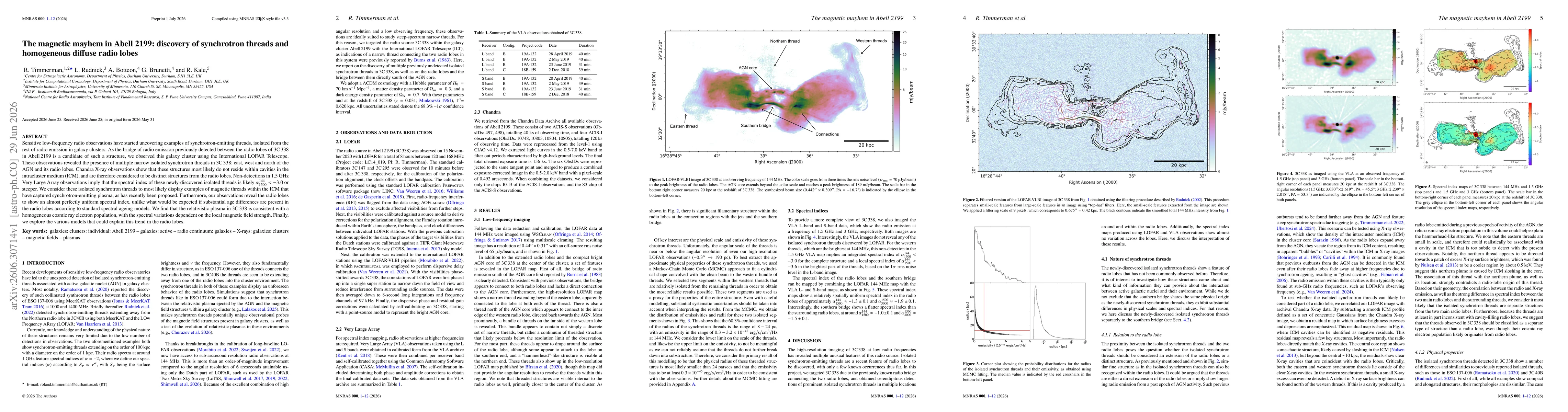 Thumbnail for The magnetic mayhem in Abell 2199: discovery of synchrotron threads and homogeneous diffuse radio lobes