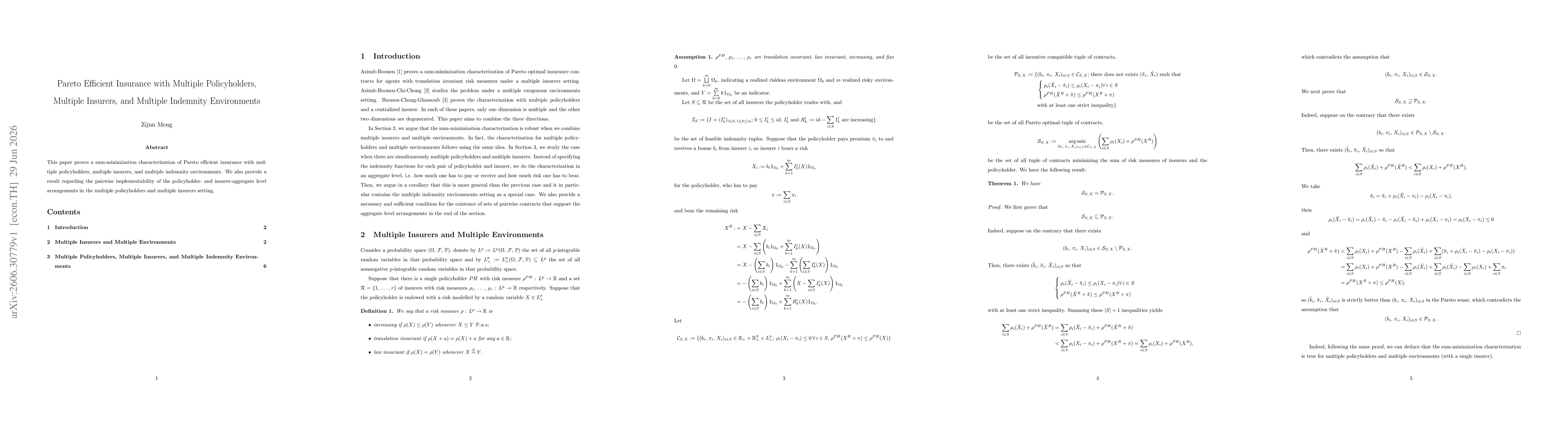 Thumbnail for Pareto Efficient Insurance with Multiple Policyholders, Multiple Insurers, and Multiple Indemnity Environments