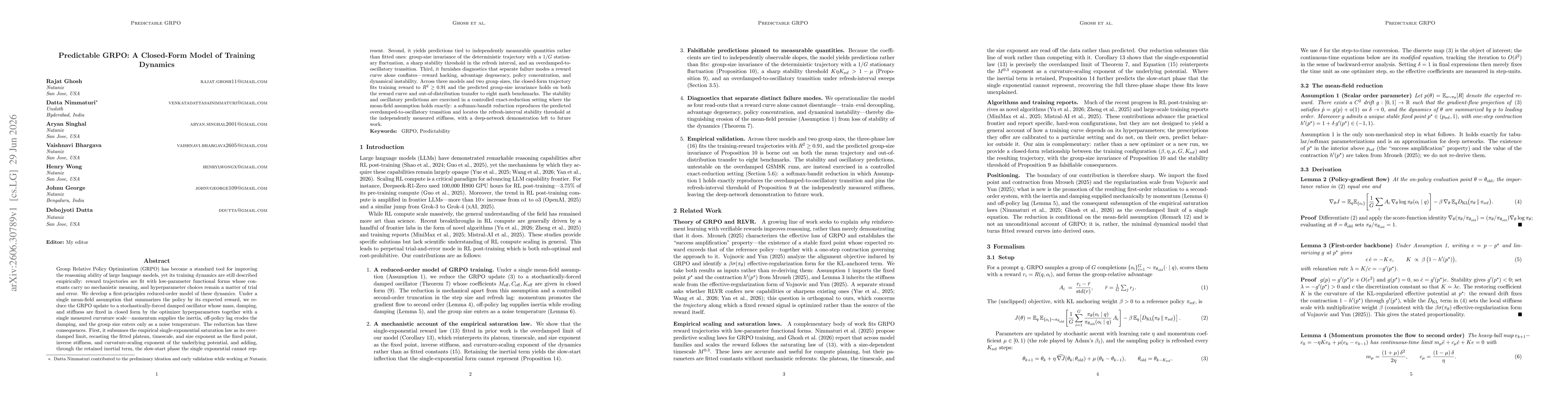 Thumbnail for Predictable GRPO: A Closed-Form Model of Training Dynamics