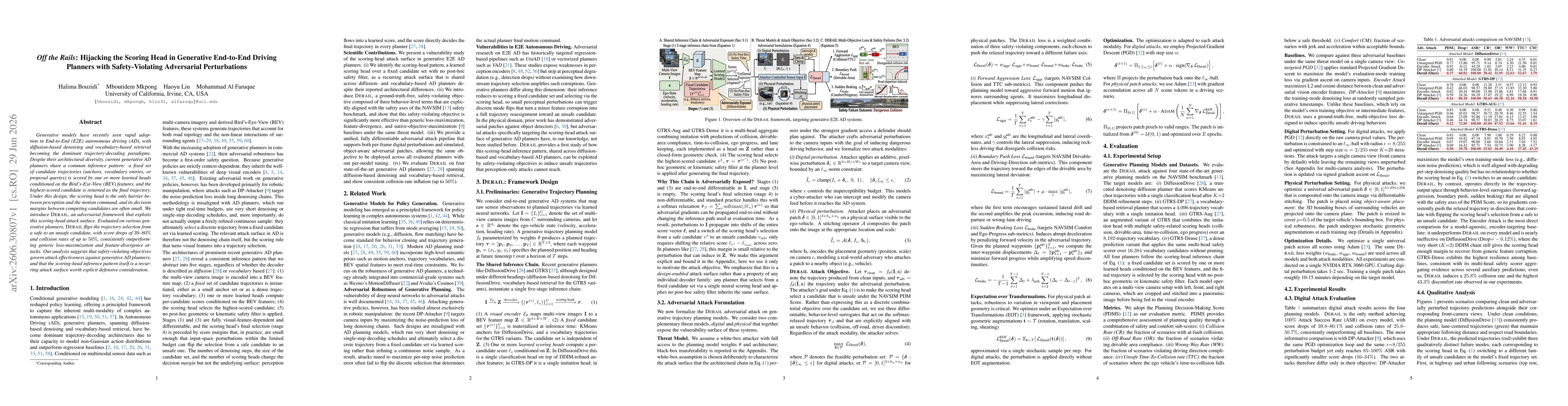 Thumbnail for Off the Rails: Hijacking the Scoring Head in Generative End-to-End Driving Planners with Safety-Violating Adversarial Perturbations