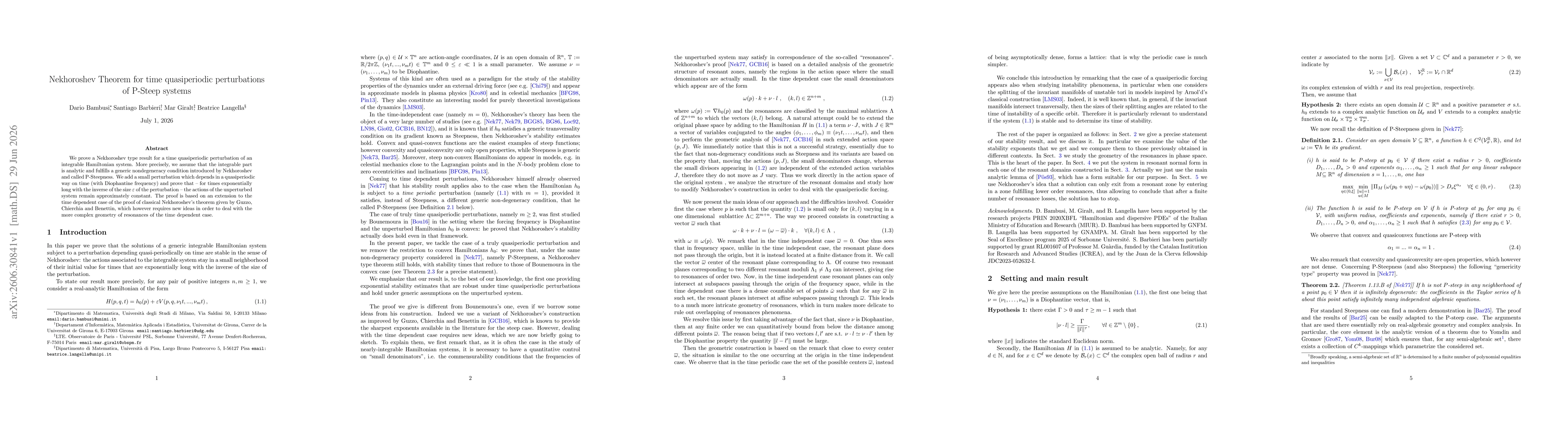 Thumbnail for Nekhoroshev Theorem for time quasiperiodic perturbations of P-Steep systems