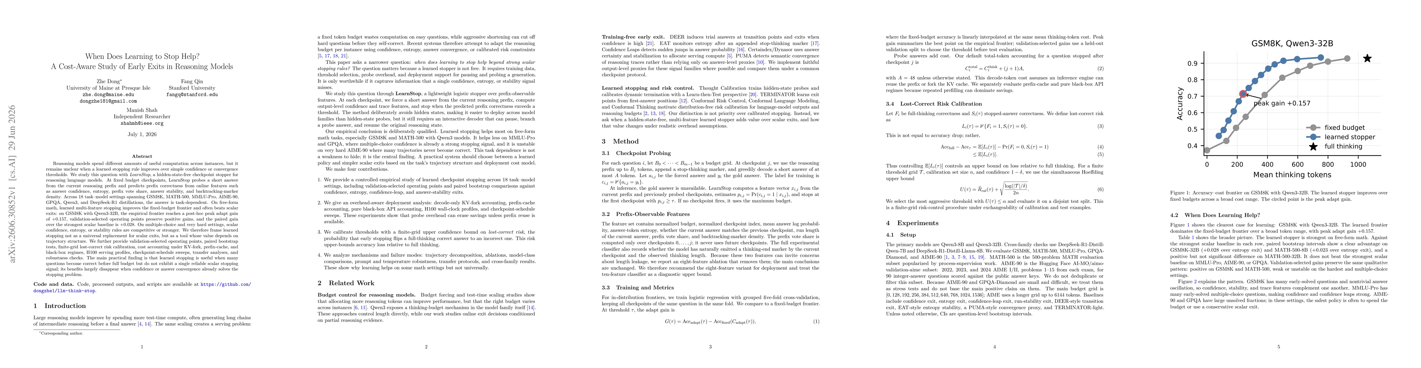 Thumbnail for When Does Learning to Stop Help? A Cost-Aware Study of Early Exits in Reasoning Models