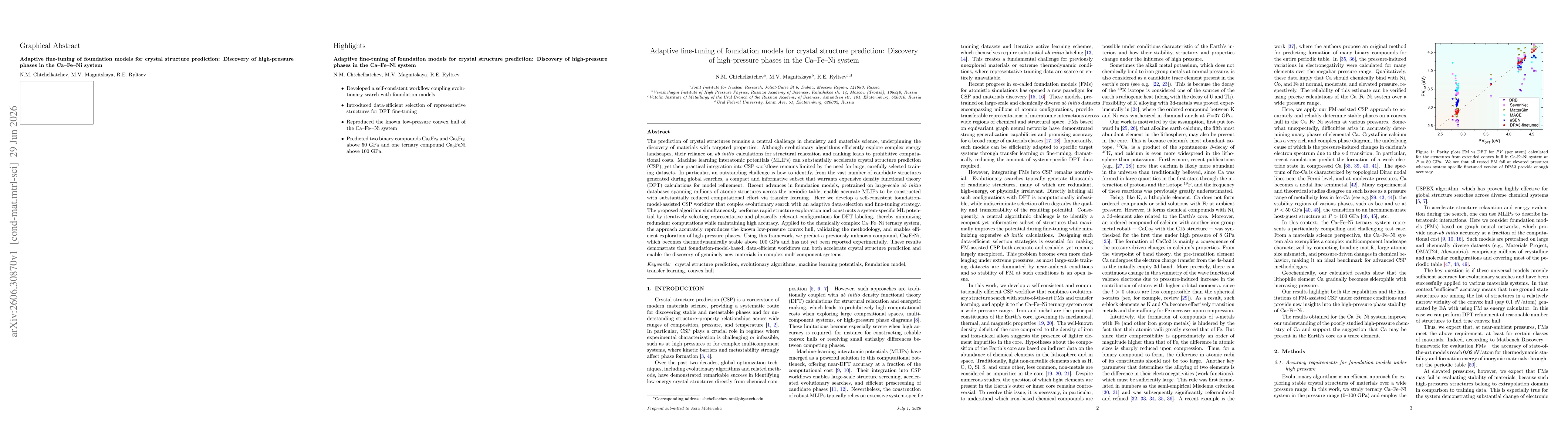 Thumbnail for Adaptive fine-tuning of foundation models for crystal structure prediction: Discovery of high-pressure phases in the CaFeNi system