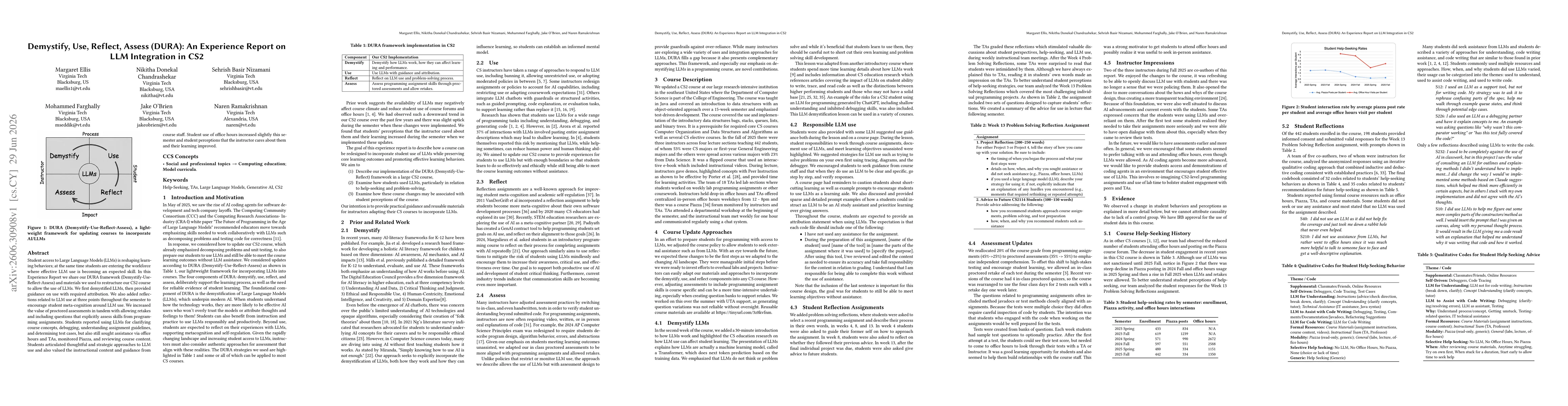 Thumbnail for Demystify, Use, Reflect, Assess (DURA): An Experience Report on LLM Integration in CS2