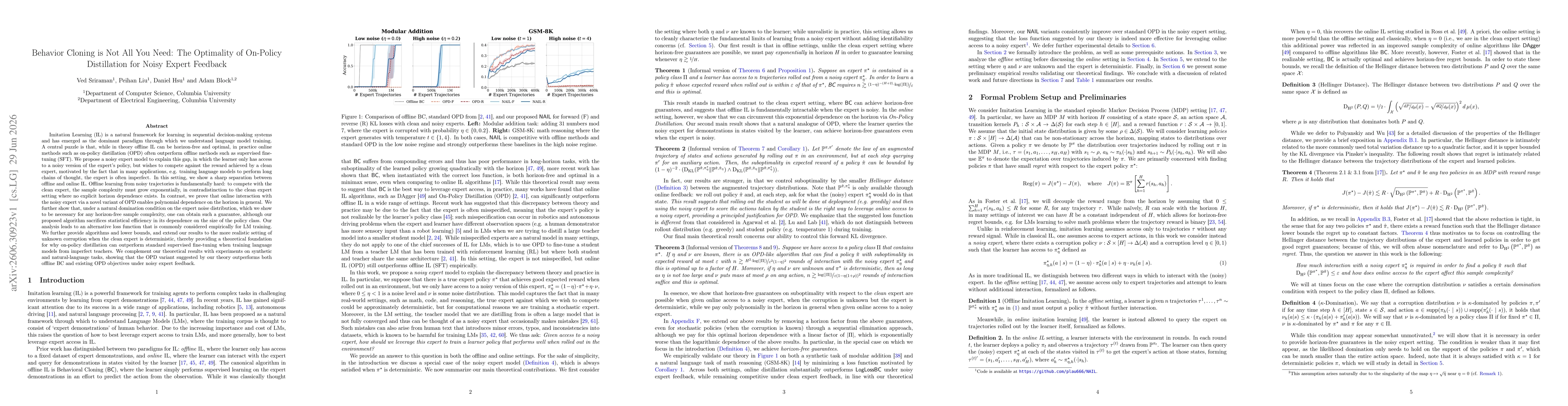 Thumbnail for Behavior Cloning is Not All You Need: The Optimality of On-Policy Distillation for Noisy Expert Feedback