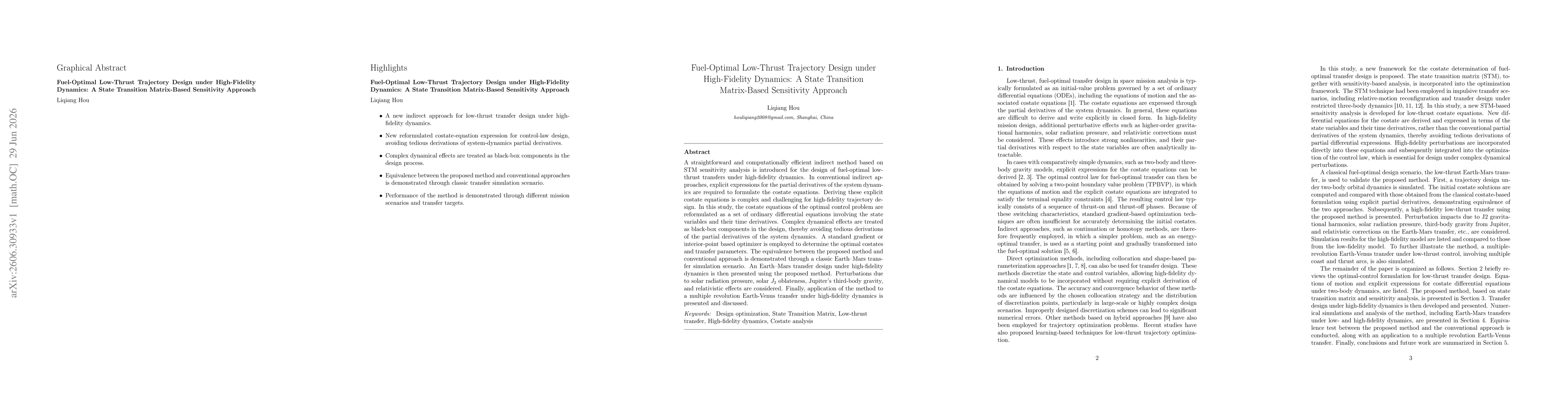 Thumbnail for Fuel-Optimal Low-Thrust Trajectory Design under High-Fidelity Dynamics: A State Transition Matrix-Based Sensitivity Approach